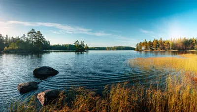 Panoramic View Of A Serene Finnish Lake Landscape