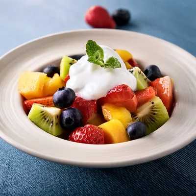 Fresh Fruit Salad Bowl with Yogurt Topping