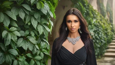 Elegant Woman Wearing Diamond Jewelry Near Ivy Wall