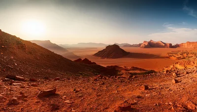 Panoramic View Of Wadi Rum Desert Landscape At Sunset