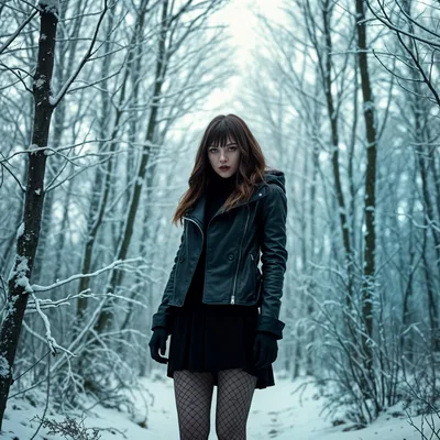 Young Woman Standing In A Snowy Winter Forest