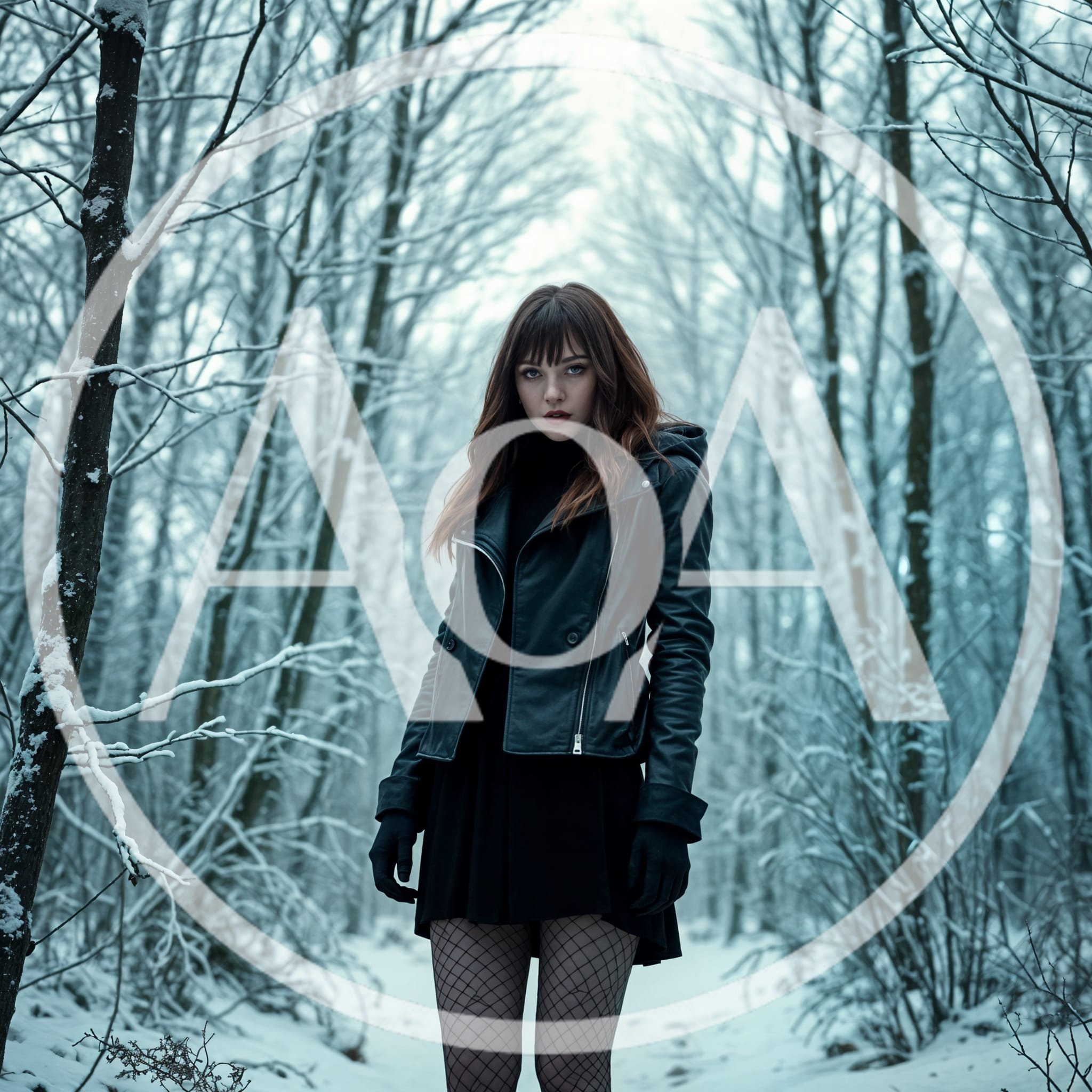 Young Woman Standing In A Snowy Winter Forest