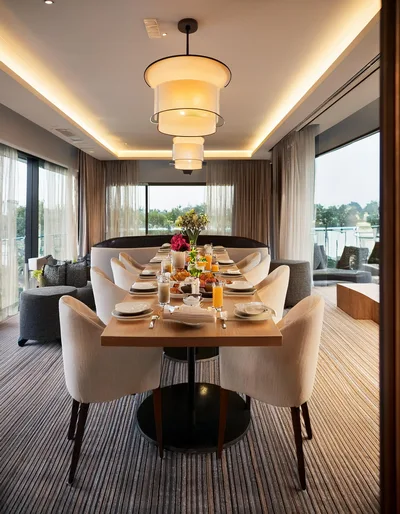 Elegant Dining Room With Set Table And Modern Decor