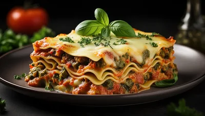 Freshly Baked Vegetable Lasagna On A Dark Plate
