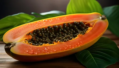 Fresh Half Papaya With Seeds On Wooden Surface