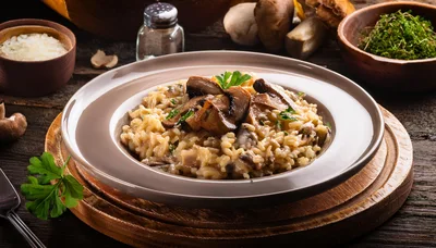Mushroom Risotto Served In A Ceramic Bowl