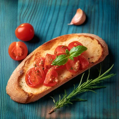 Fresh Tomato Bruschetta On A Rustic Blue Wooden Table