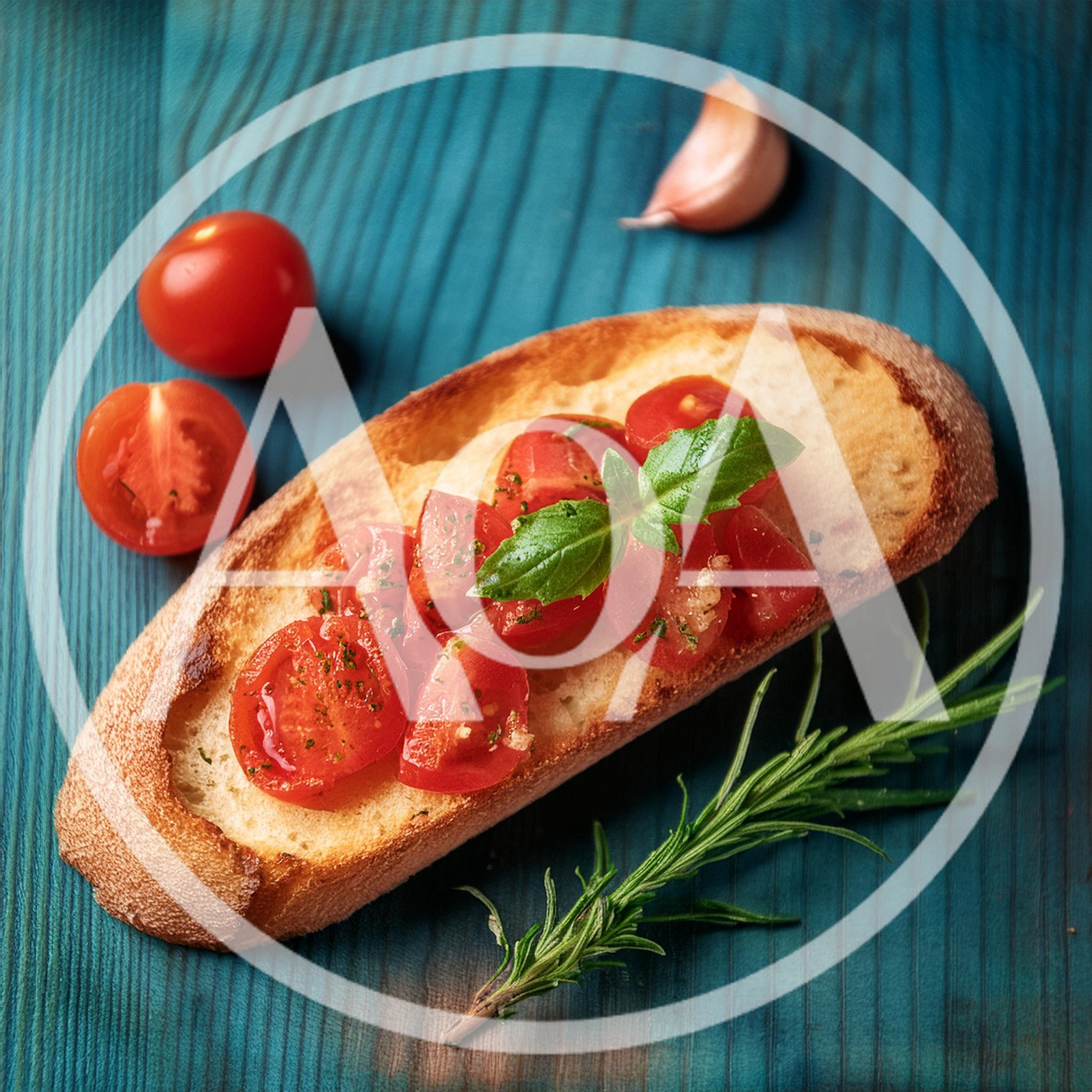 Fresh Tomato Bruschetta On A Rustic Blue Wooden Table