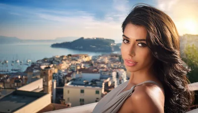 Beautiful Woman Posing On A Balcony Overlooking Naples