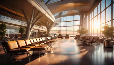 Modern Airport Terminal Waiting Area At Sunset