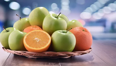 Fresh Green Apples And Oranges In A Wicker Basket
