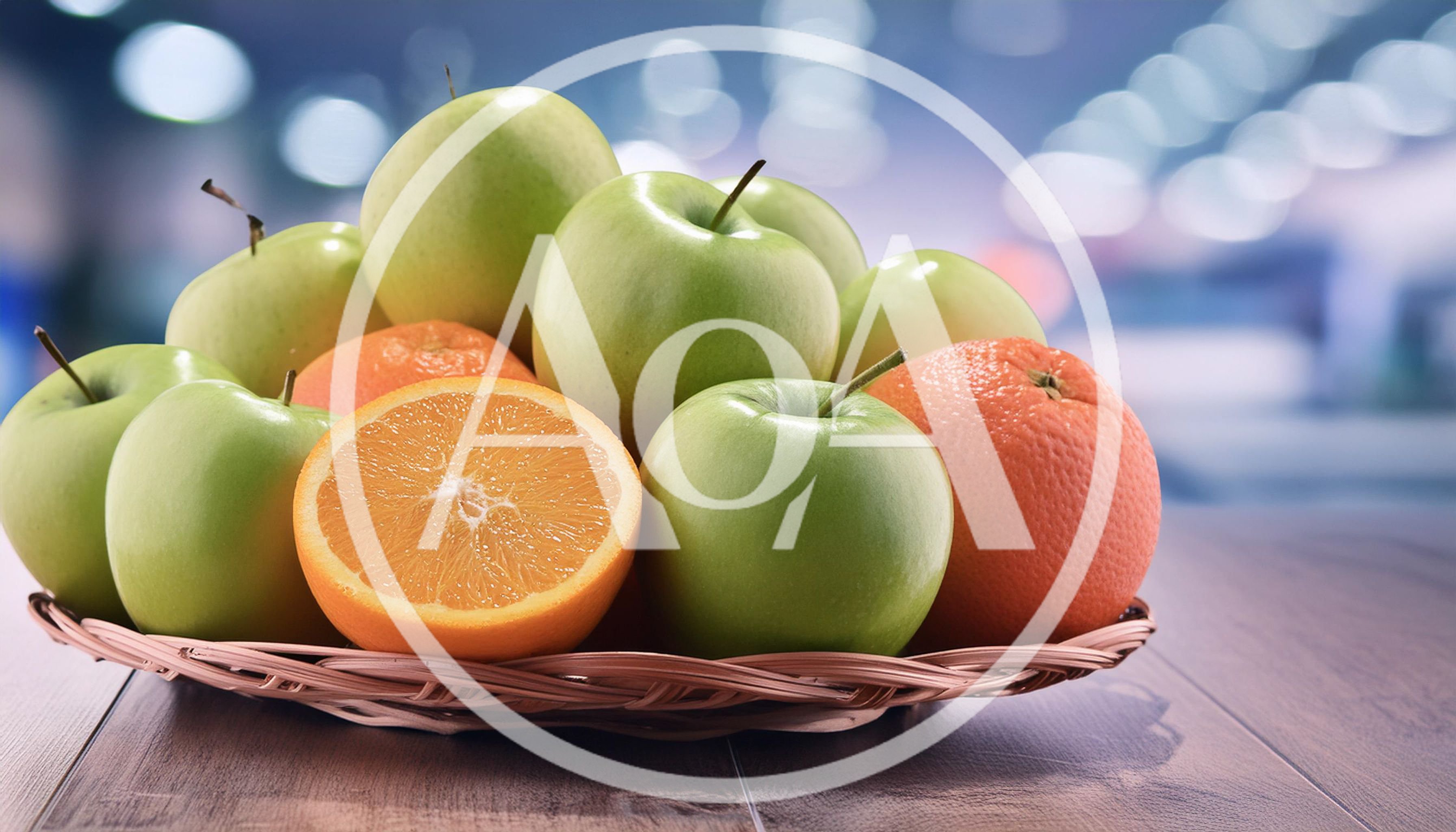 Fresh Green Apples And Oranges In A Wicker Basket