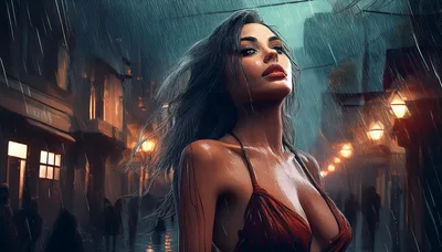Stunning Woman In Red Dress Standing In Rainy Street