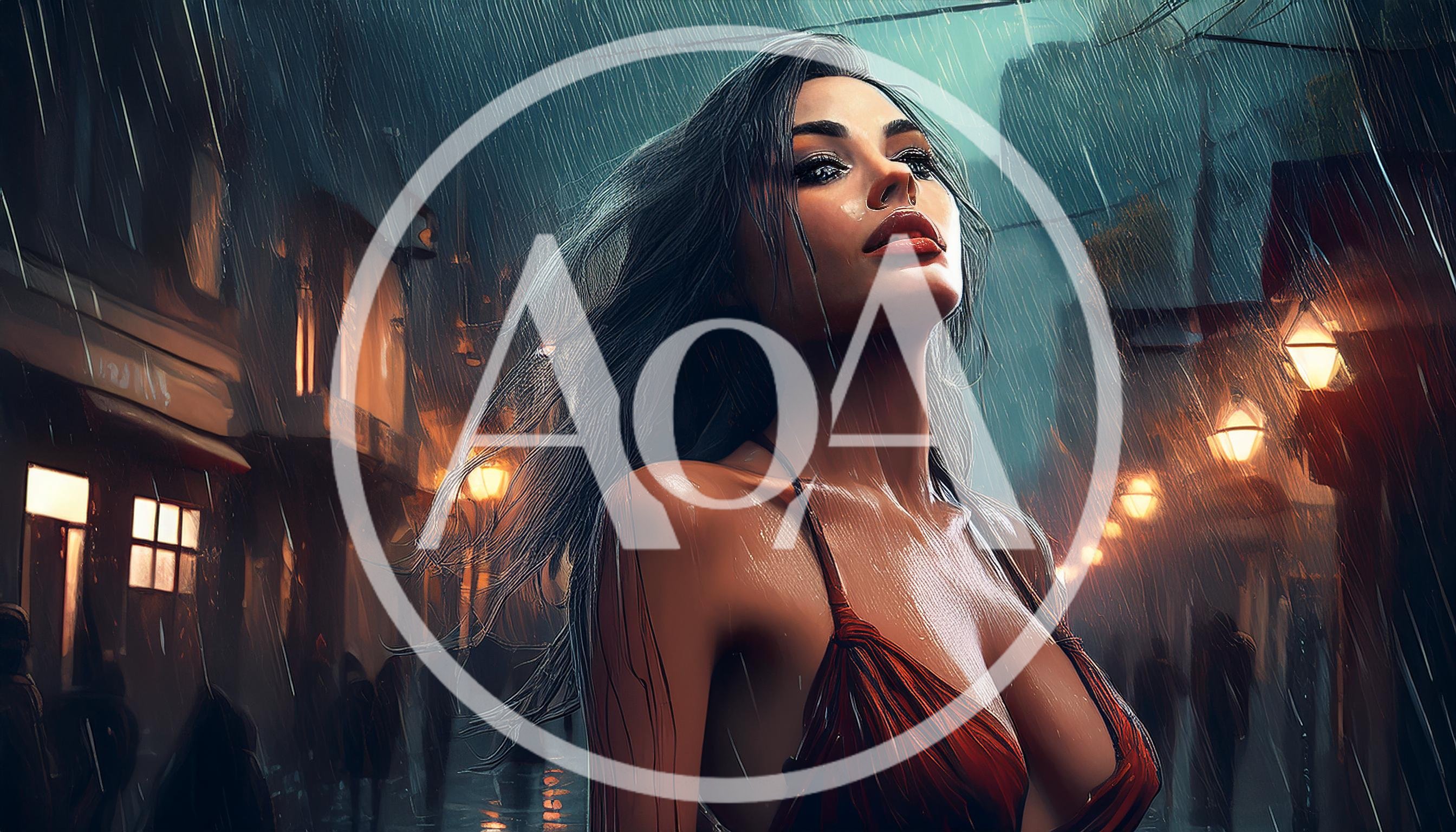 Stunning Woman In Red Dress Standing In Rainy Street