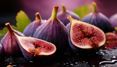 Fresh Ripe Figs With Water Droplets On Dark Surface