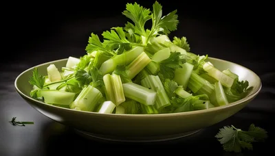 Fresh Chopped Celery Stalks In A Green Bowl