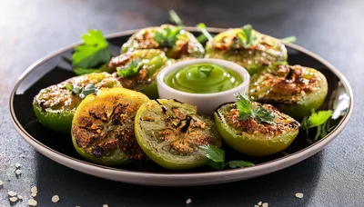 Grilled Green Tomatoes With Herb Sauce On Plate