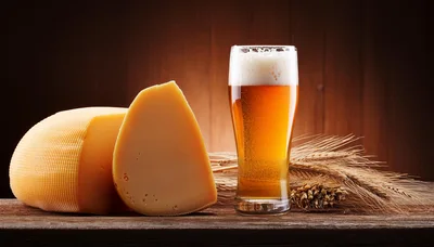 Glass Of Beer With Cheese And Wheat Stalks