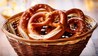 Freshly Baked Soft Pretzels In A Woven Basket