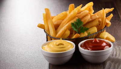 Basket Of Golden French Fries With Dipping Sauces