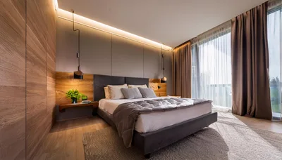 Modern Bedroom Interior With Wooden Accents And Soft Lighting