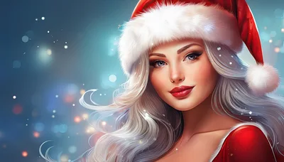 Beautiful Woman Wearing Santa Hat With Bokeh Background