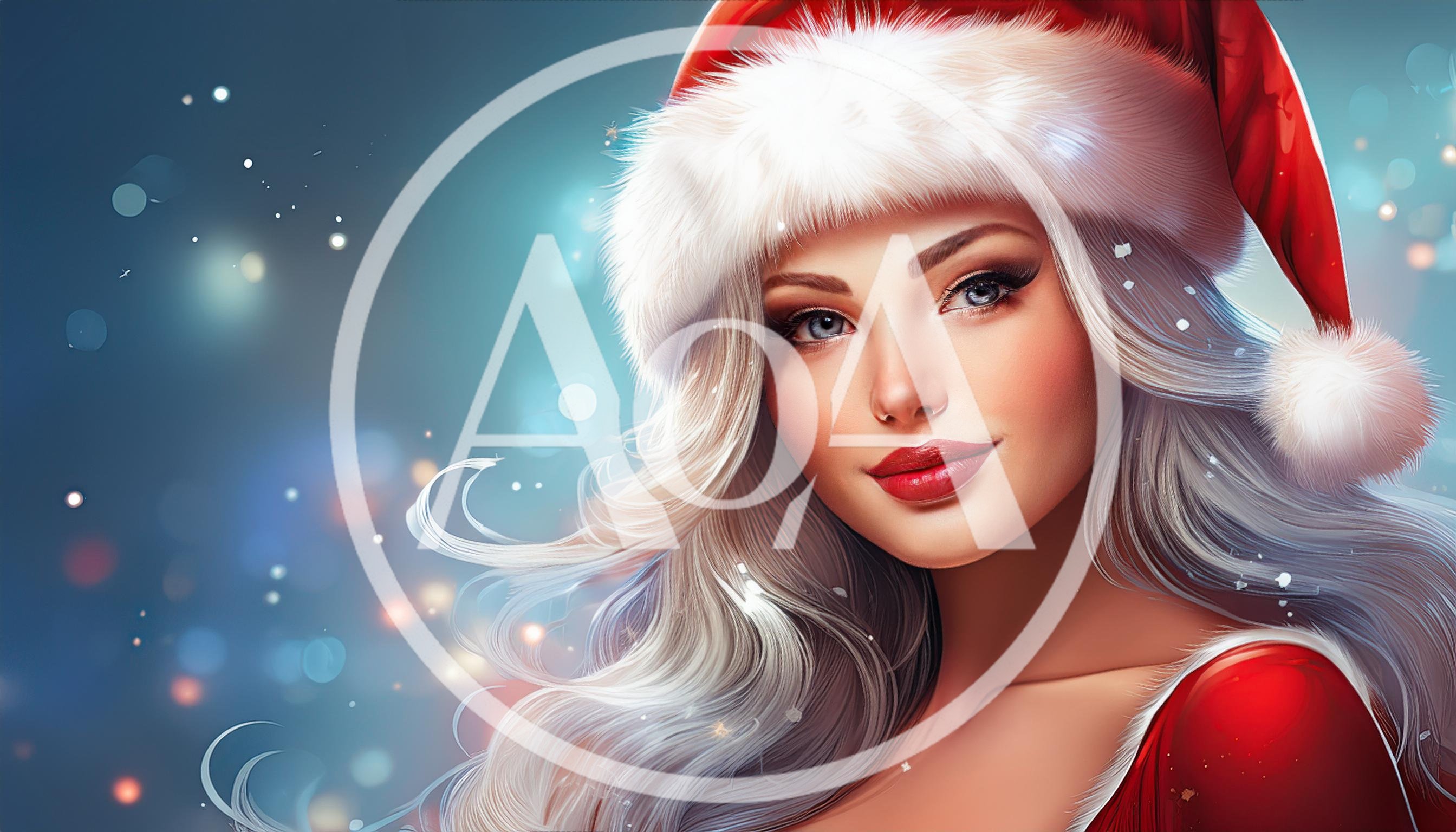 Beautiful Woman Wearing Santa Hat With Bokeh Background