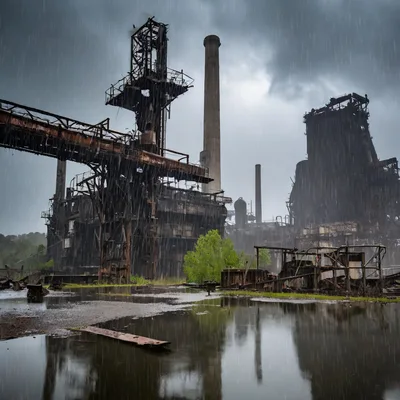 Abandoned Industrial Steel Mill Under Heavy Rain