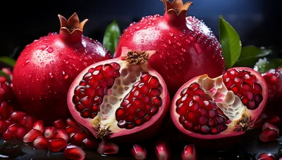 Fresh Ripe Pomegranates With Seeds On Dark Background