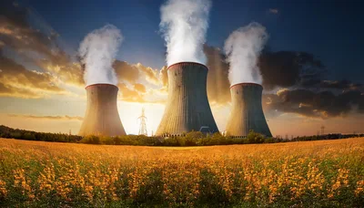 Three Nuclear Power Plant Cooling Towers In Flower Field