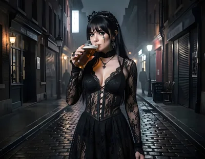 Gothic Woman Drinking Beer In A Dark City Alley