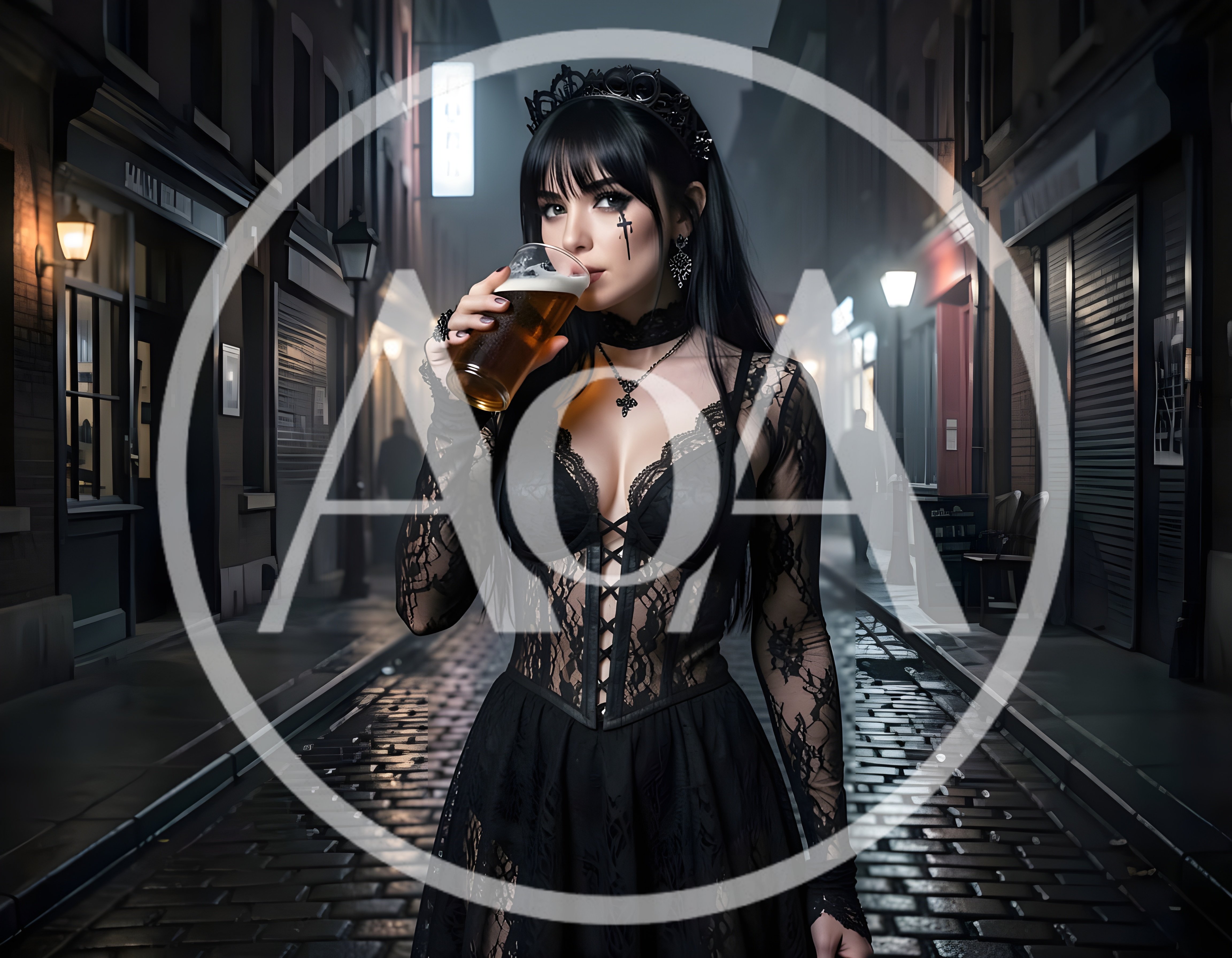 Gothic Woman Drinking Beer In A Dark City Alley
