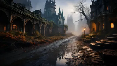 Gothic Abandoned Street In A Foggy Haunted Town