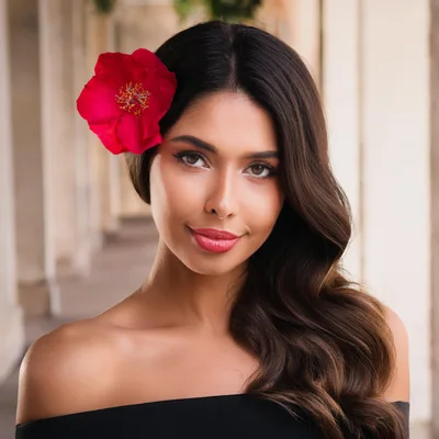 Portrait Of A Beautiful Woman With A Red Flower
