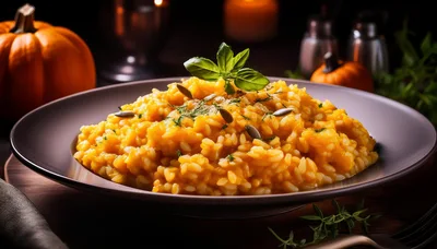 Pumpkin Risotto Served In A Shallow Bowl