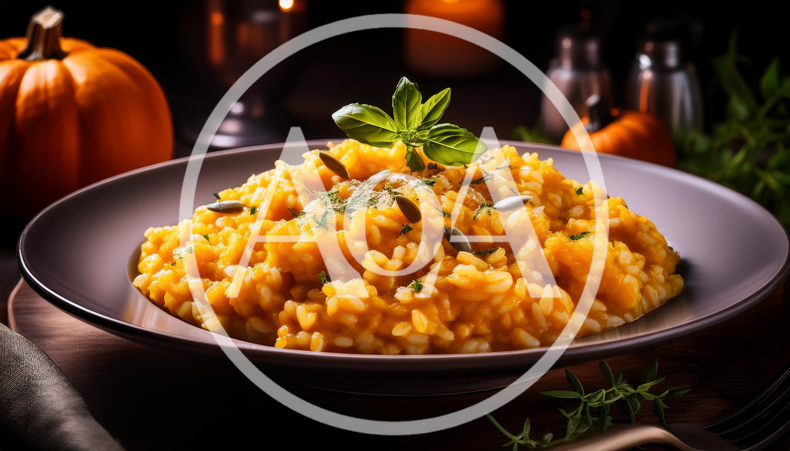 Pumpkin Risotto Served In A Shallow Bowl
