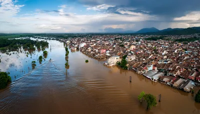 Aerial View Of Flooded Residential Area In Indonesia