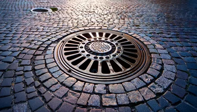 Circular Metal Manhole Cover On Cobblestone Street