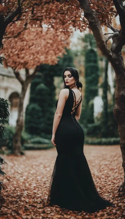 Elegant Woman In Black Gown Standing In Autumn Garden