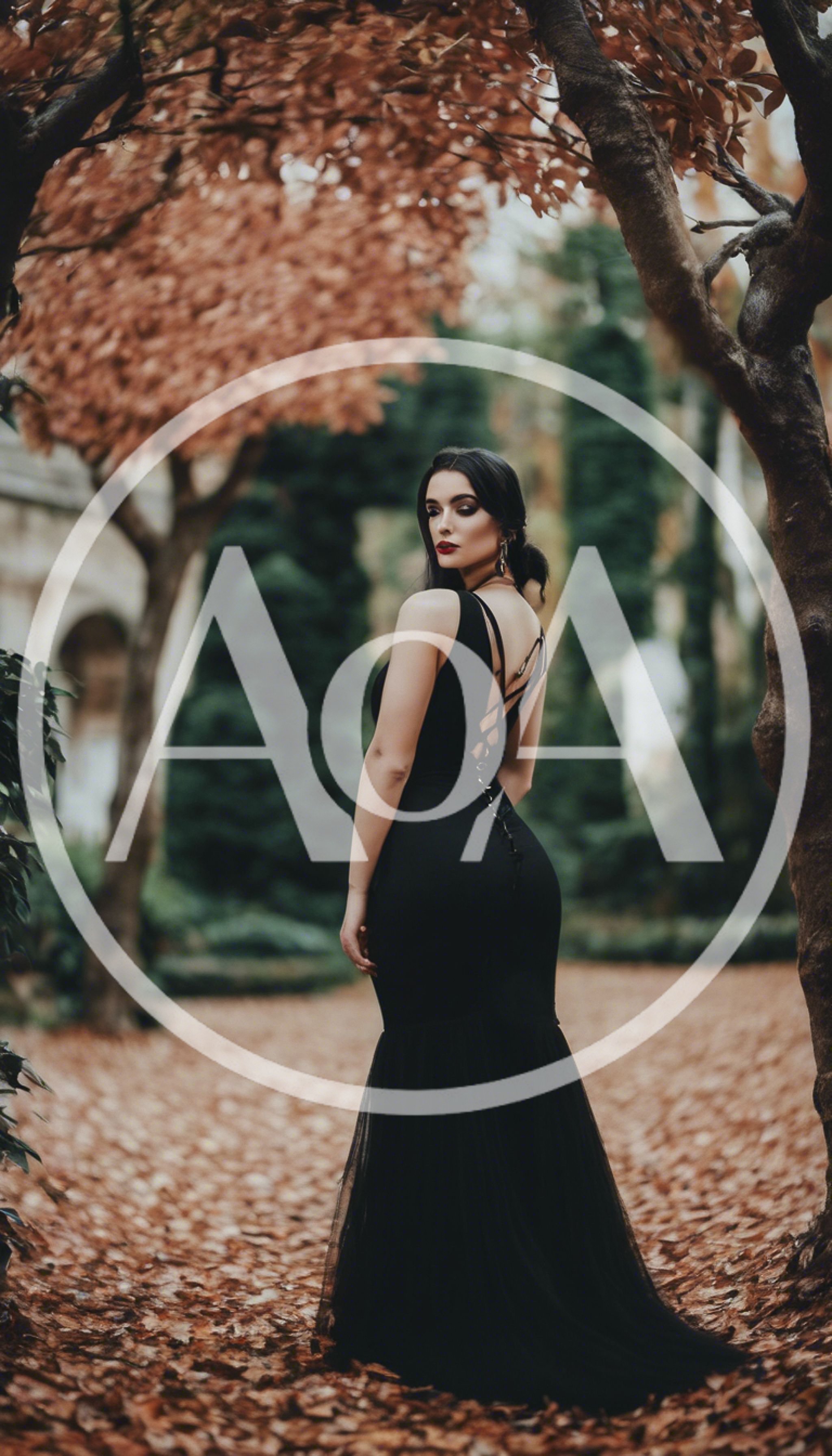 Elegant Woman In Black Gown Standing In Autumn Garden