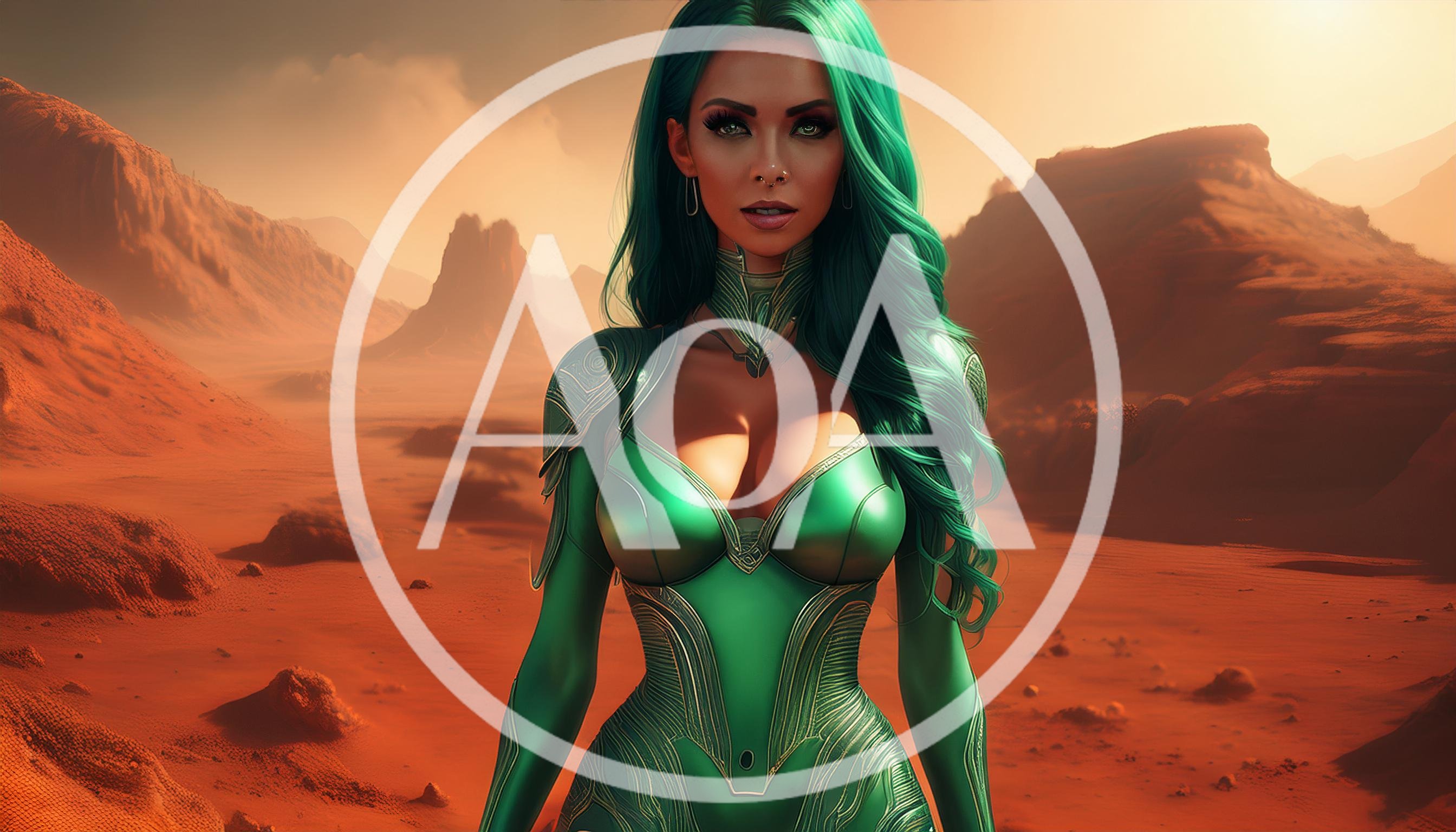 Futuristic Woman With Green Hair In Martian Landscape