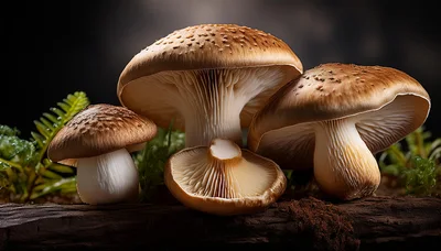 Group Of Fresh Brown Mushrooms On A Log