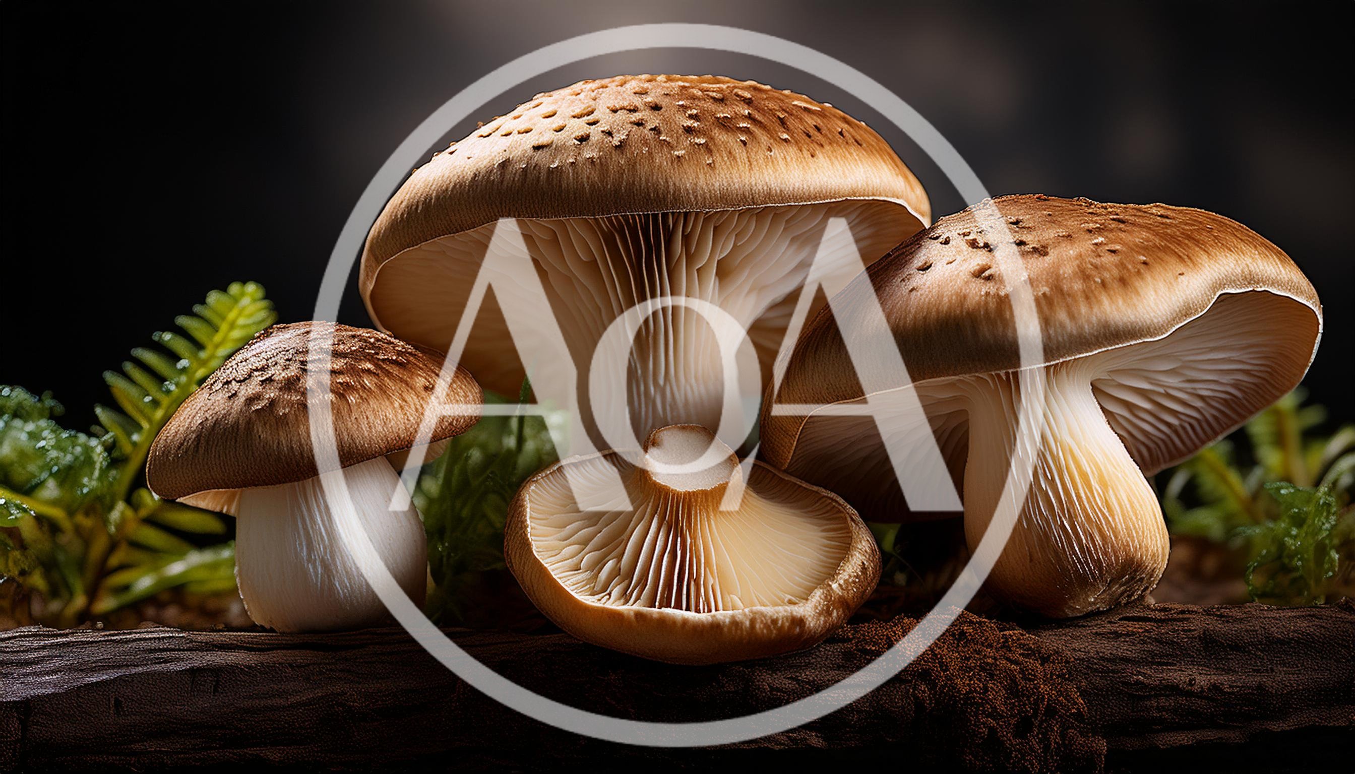 Group Of Fresh Brown Mushrooms On A Log