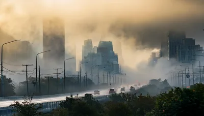 Cars Driving on Highway Through Dense City Fog