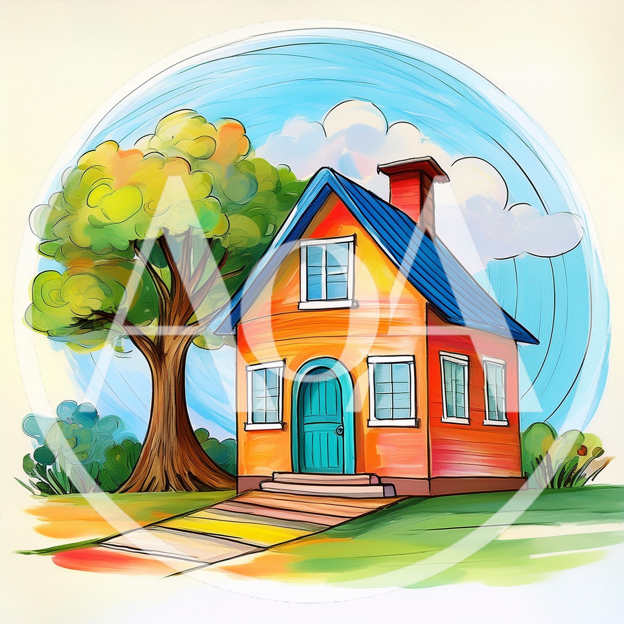 Whimsical Illustration Of A Cozy Orange Cottage