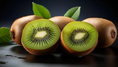 Fresh Sliced Kiwi Fruit With Green Leaves