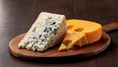 Wedge Of Blue Cheese And Sliced Yellow Cheese