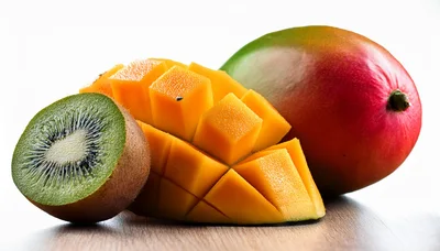 Fresh Kiwi And Mango Fruit On Wooden Surface