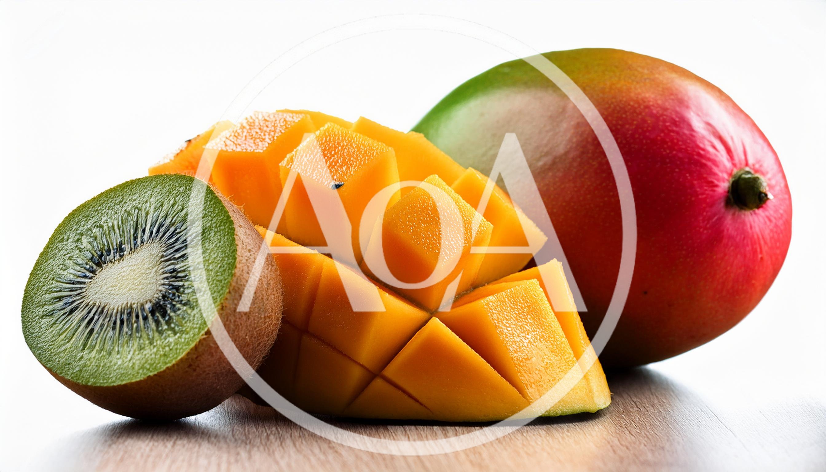 Fresh Kiwi And Mango Fruit On Wooden Surface