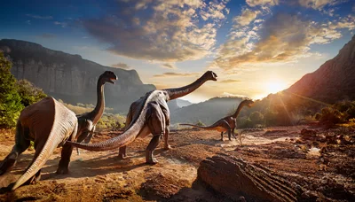 Group of Sauropod Dinosaurs Walking in Prehistoric Landscape